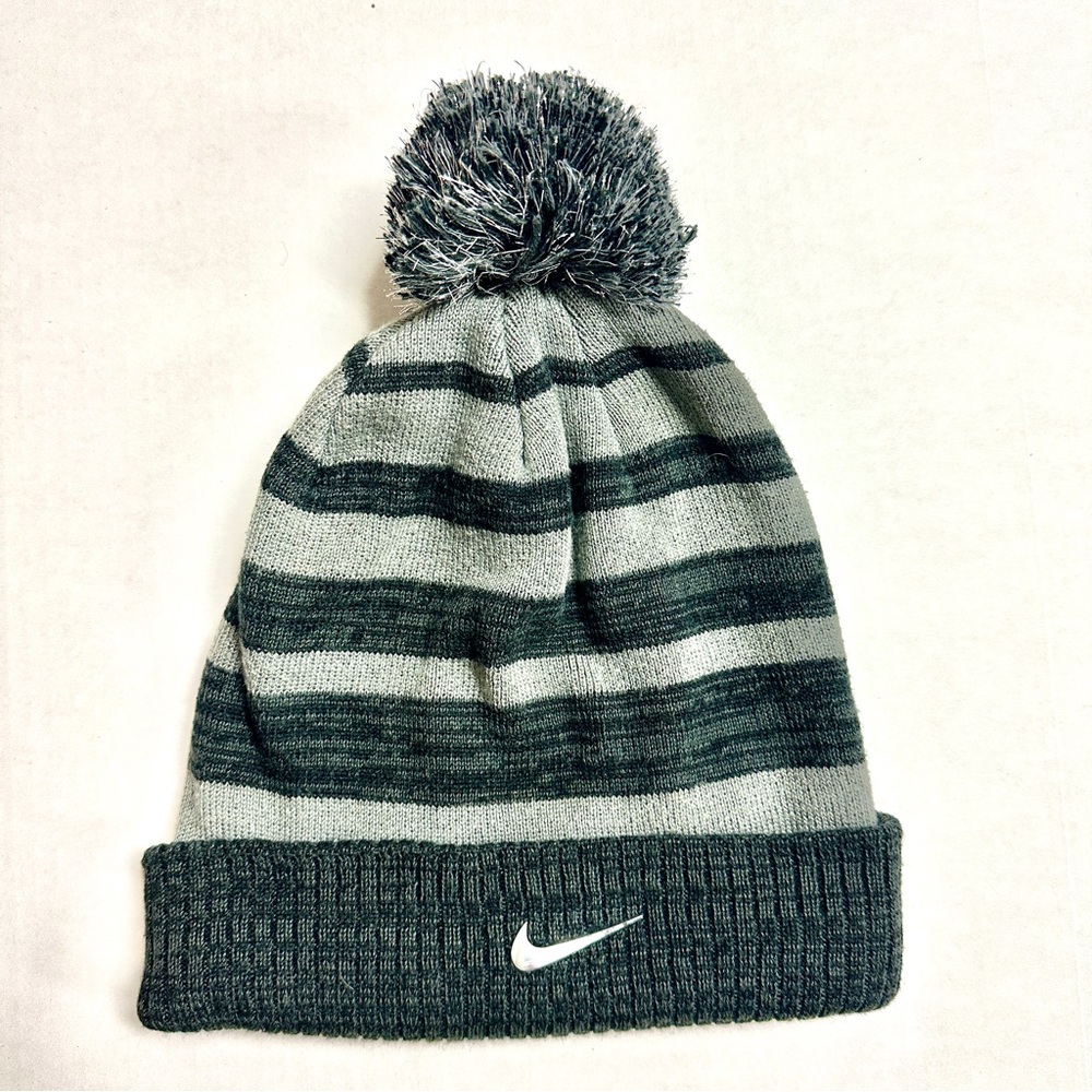 Nike Youth Striped Pom Pom Beanie Gray Silver Accents